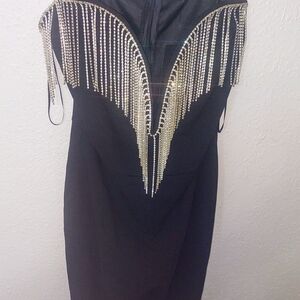 Fashion Nova Black and Silver Bodycon Jumpsuit Plunge Neckline